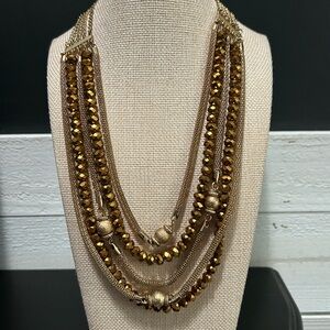 22” Gold Tone Multi Strand Chain & Bronze Crystal Bead Statement Necklace